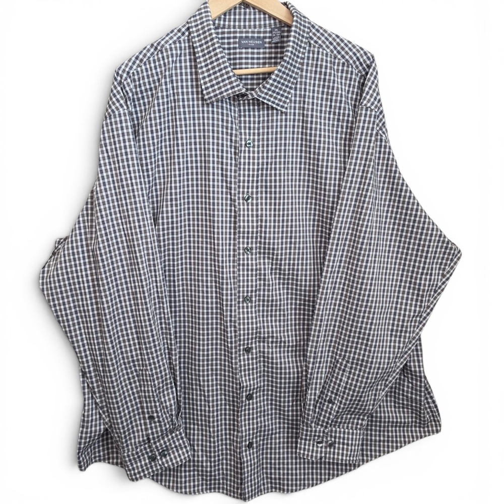 Van Heusen Dress Shirt Mens 19-19.5 XXL 2XL Gray Check Flex Button Up Career